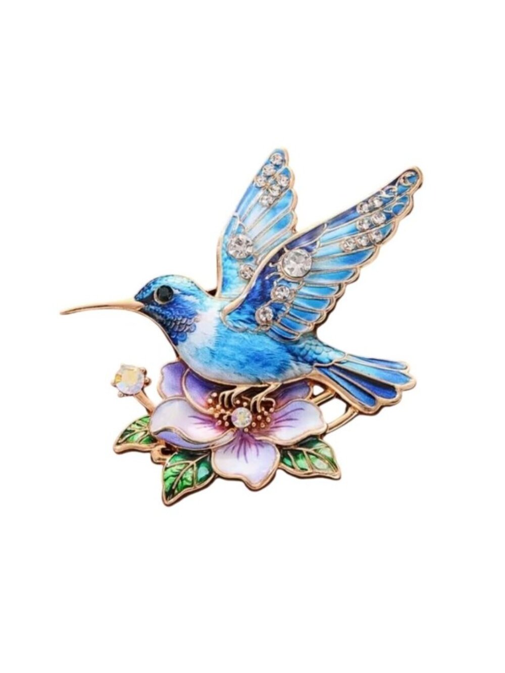 Blue Hummingbird Enamel Brooch Pin With Crystals Gold Tone